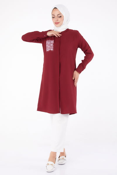 Cep Nakış Detaylı Tunik Bordo - 13123 