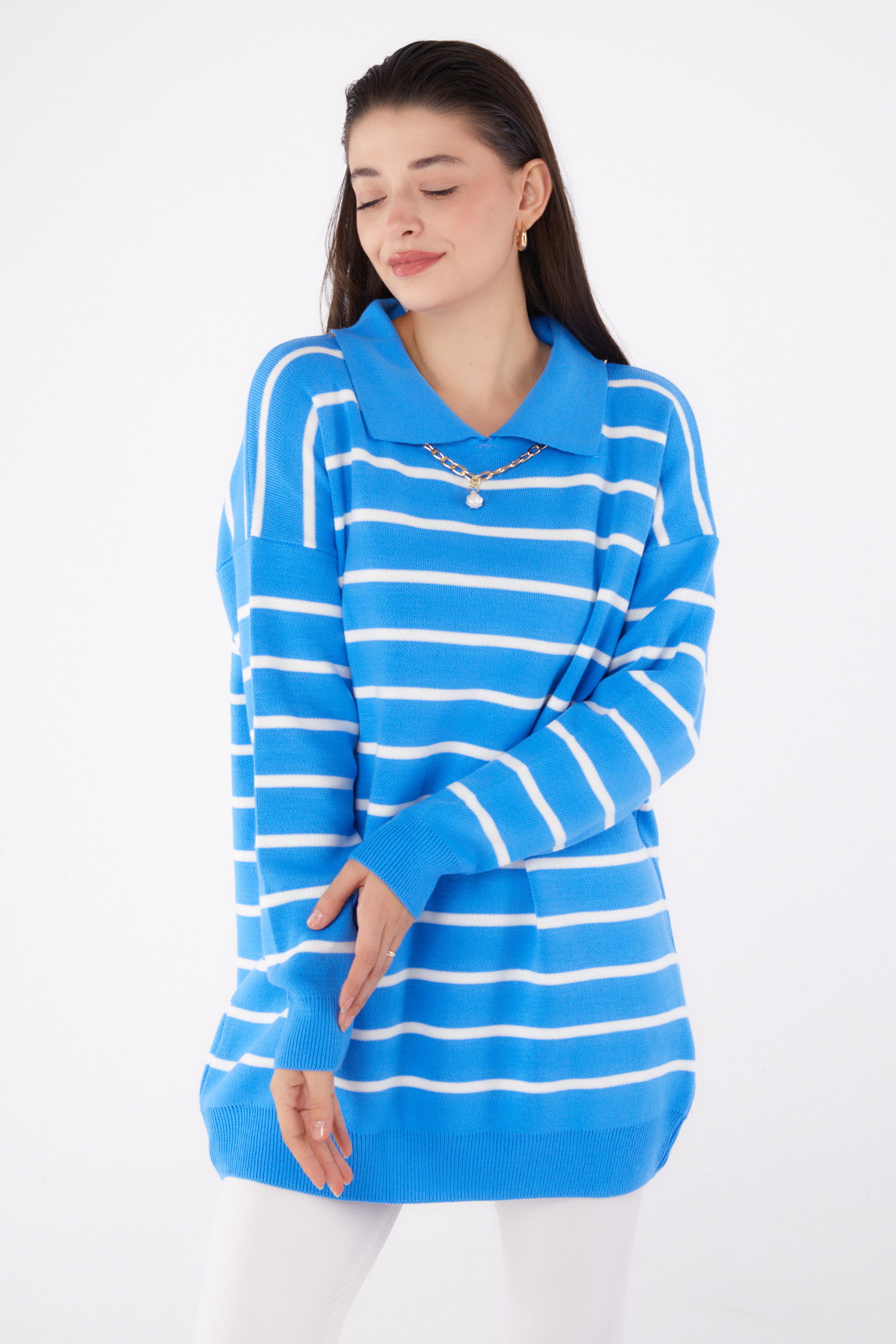 Kolyeli Triko Tunik Mavi - 26422 - 2
