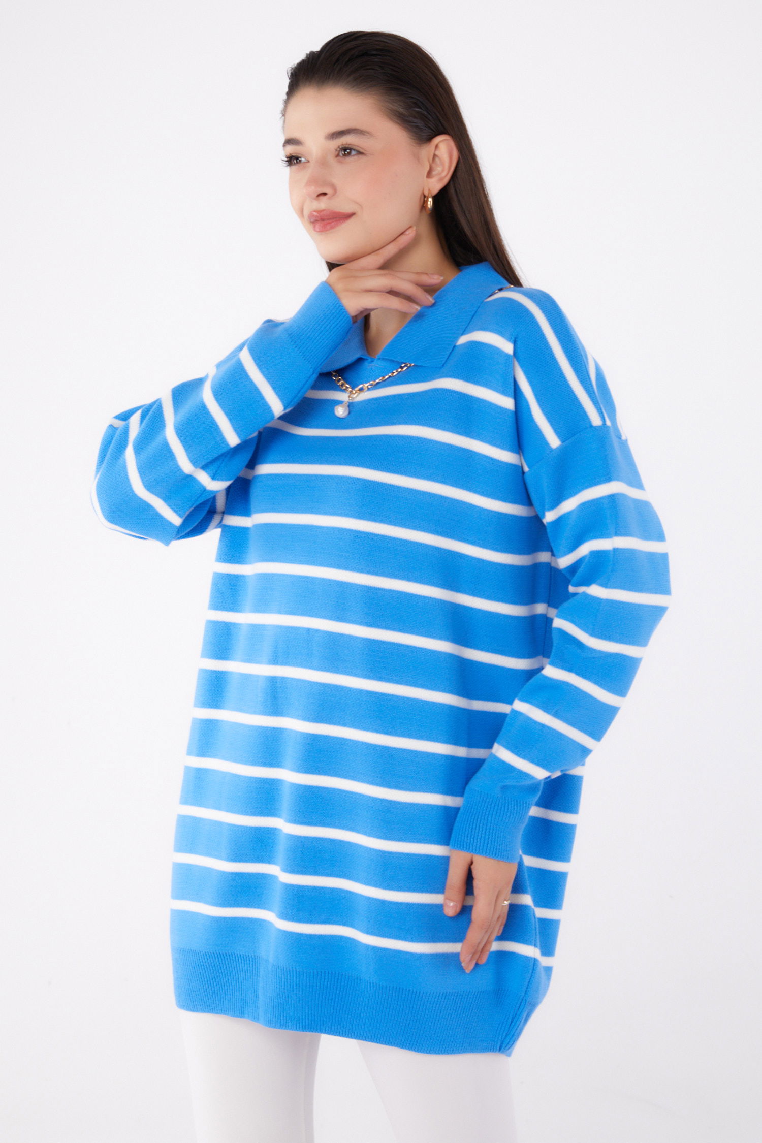 Kolyeli Triko Tunik Mavi - 26422 - 3