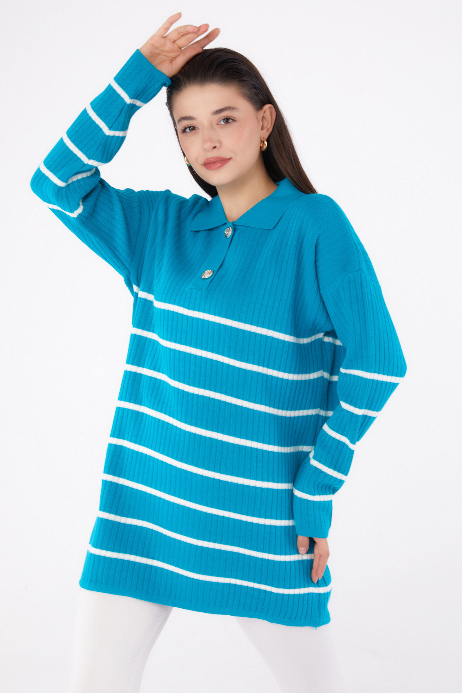 Çizgili Triko Tunik Turkuaz - 26423 - 2