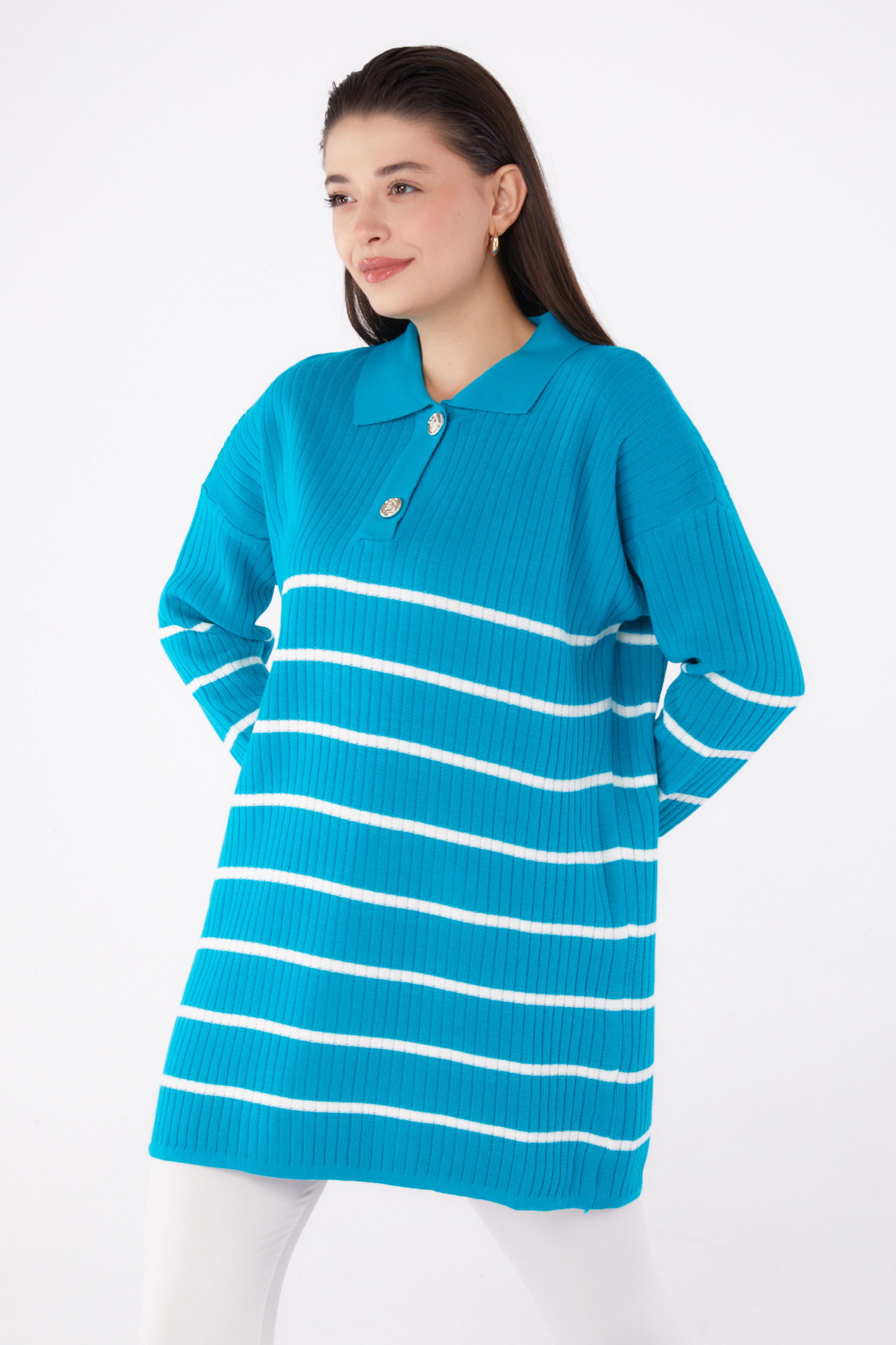 Çizgili Triko Tunik Turkuaz - 26423 - 3