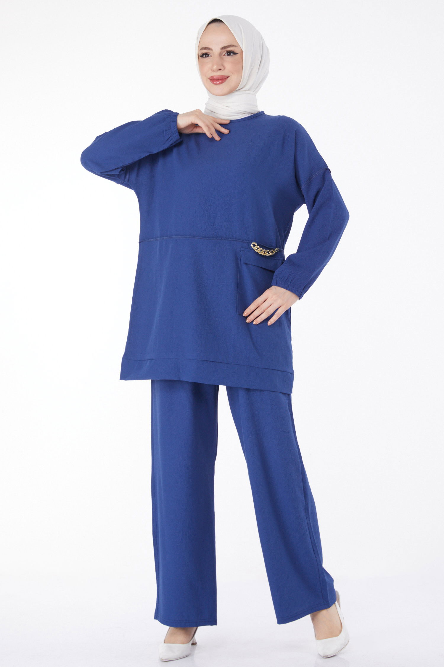 10542-INDIGO Zincir Detaylı Tunik Pantolon İkili Takım - 1