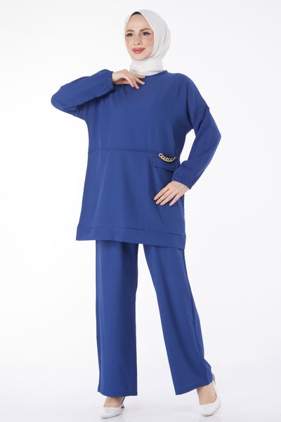 10542-INDIGO Zincir Detaylı Tunik Pantolon İkili Takım 