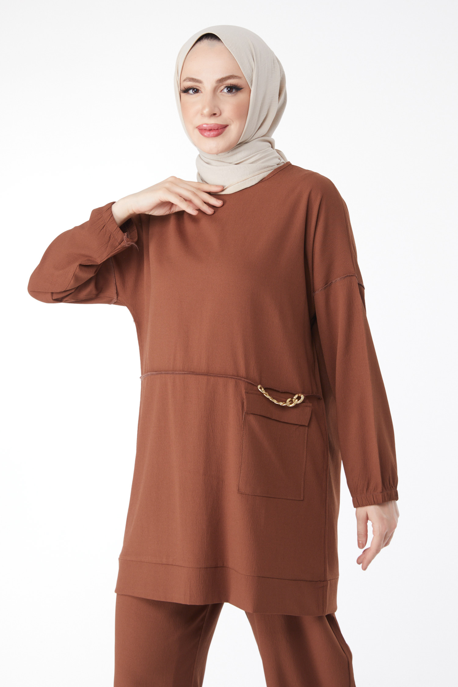 10542-KAHVE Zincir Detaylı Tunik Pantolon İkili Takım - 3