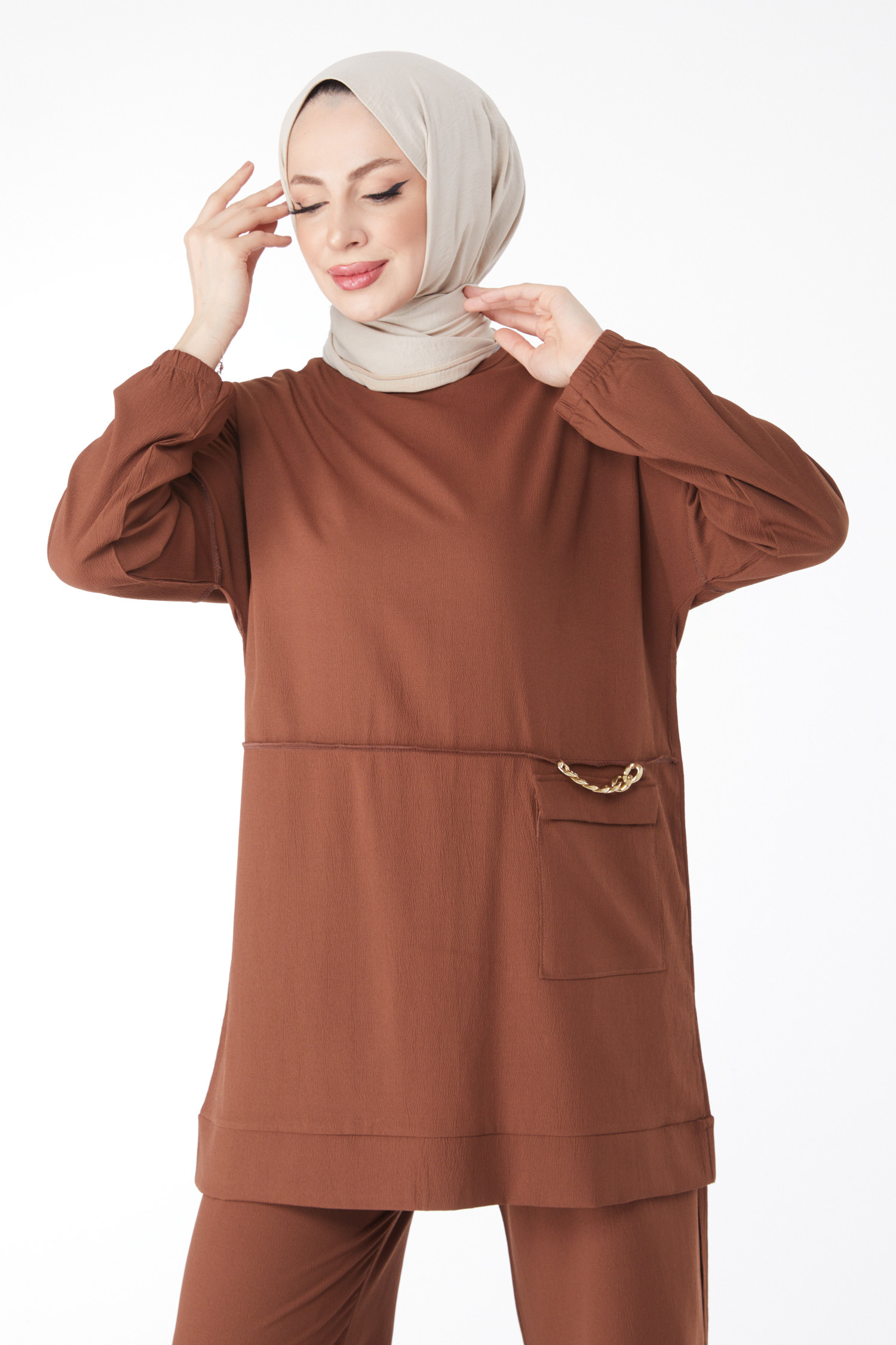10542-KAHVE Zincir Detaylı Tunik Pantolon İkili Takım - 4