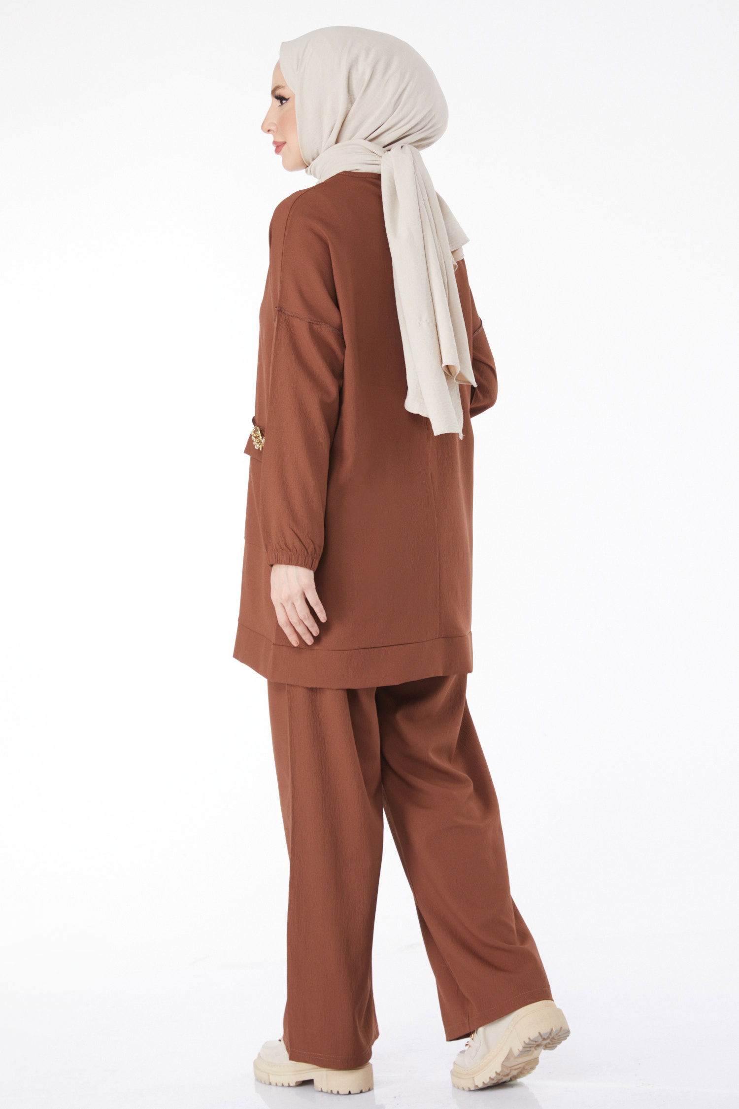10542-KAHVE Zincir Detaylı Tunik Pantolon İkili Takım - 6