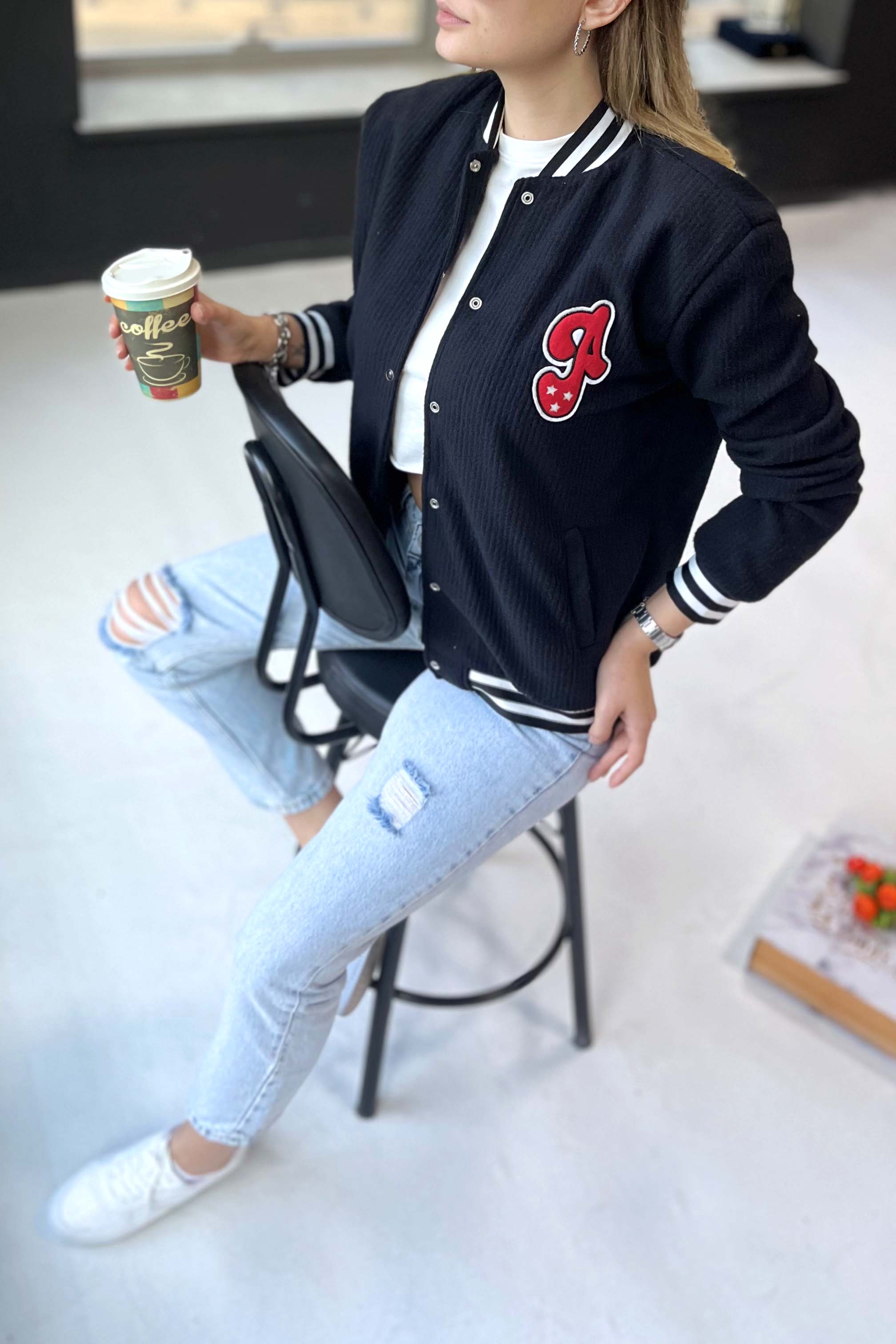 11209-SIYAH Kolej Ceket - 3