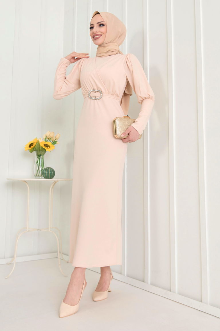 11615-BEJ Balon Kol Detaylı Tokalı Kemerli Elbise - TOFİSA