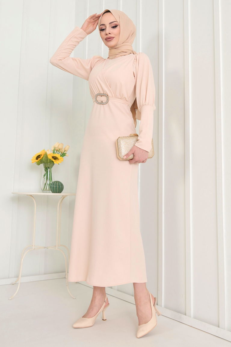 11615-BEJ Balon Kol Detaylı Tokalı Kemerli Elbise - TOFİSA