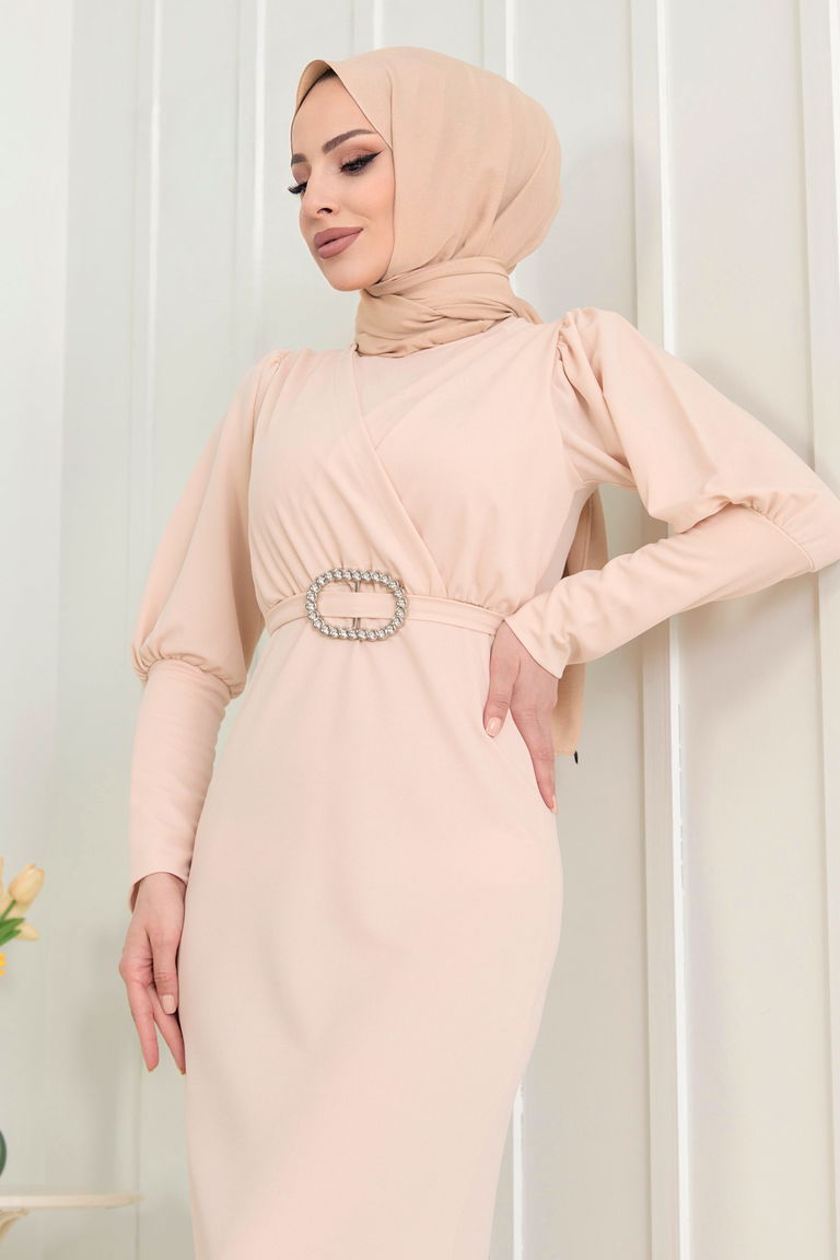 11615-BEJ Balon Kol Detaylı Tokalı Kemerli Elbise - TOFİSA