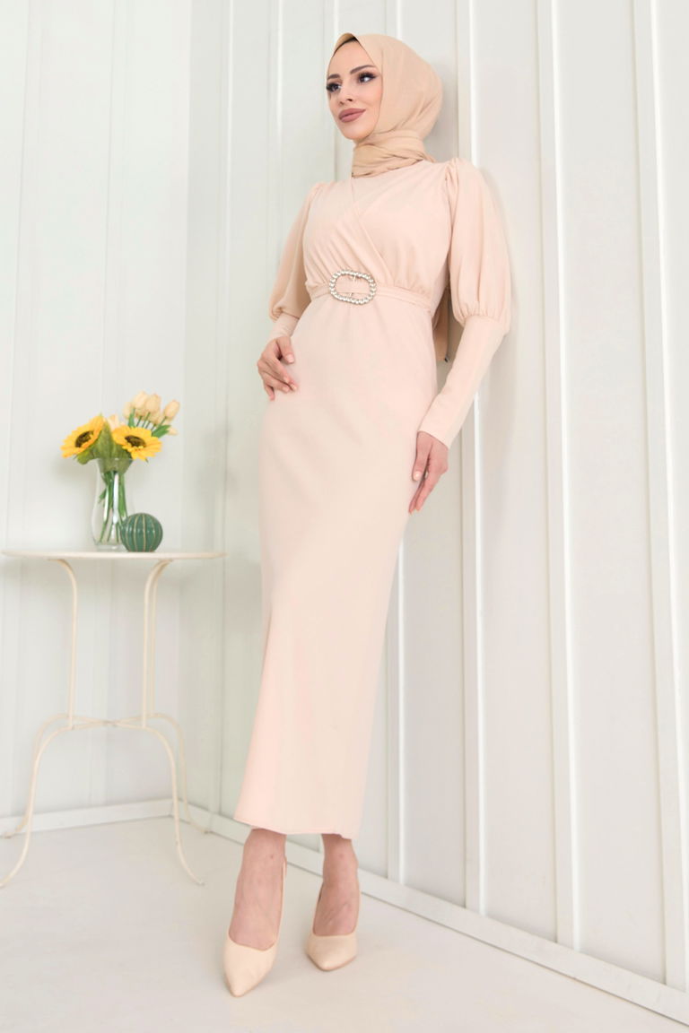 11615-BEJ Balon Kol Detaylı Tokalı Kemerli Elbise - TOFİSA