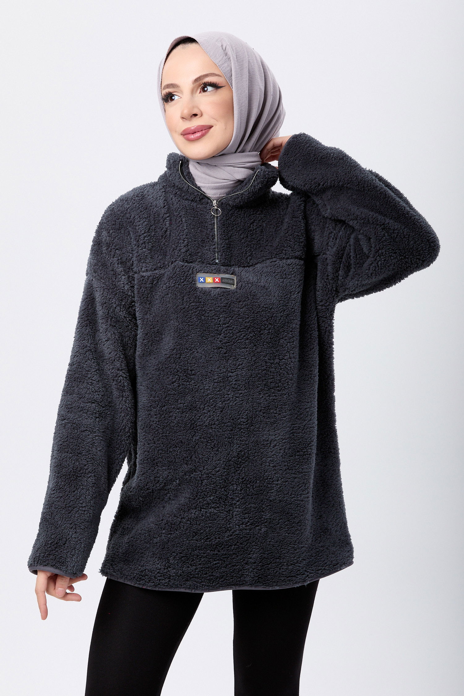 13083-ANTRASIT Yarım Fermuarlı Peluş Sweatshirt - 2
