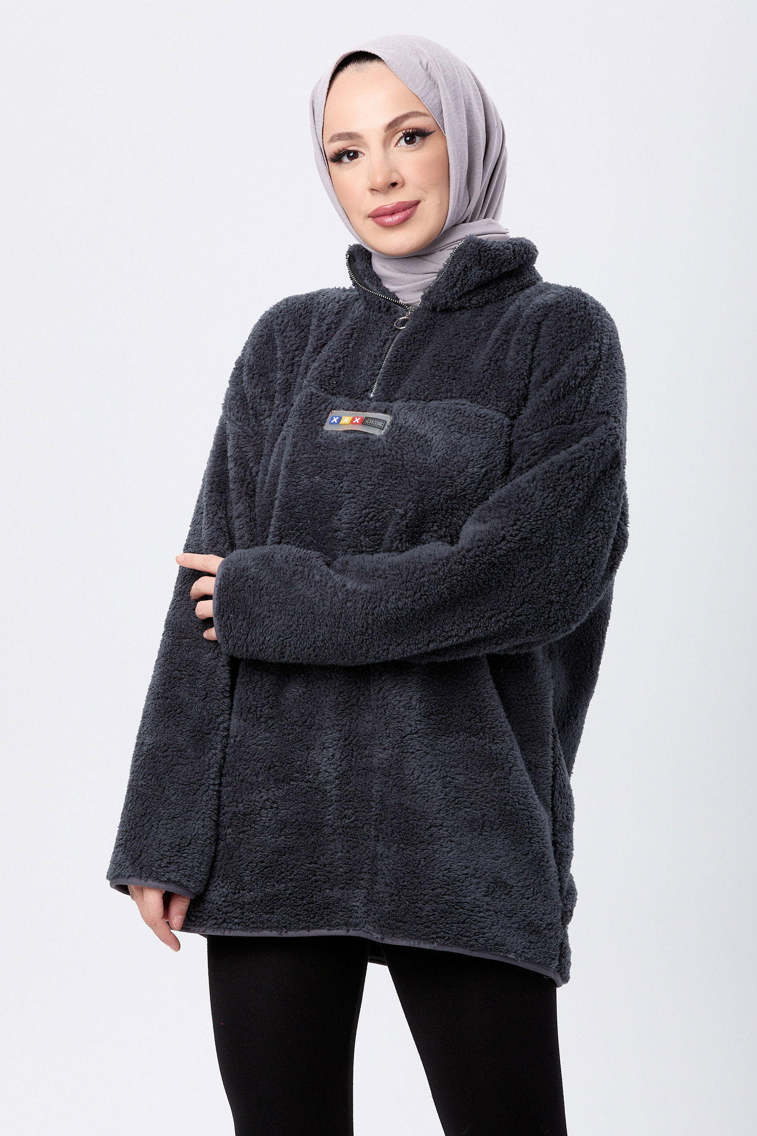 13083-ANTRASIT Yarım Fermuarlı Peluş Sweatshirt - 1