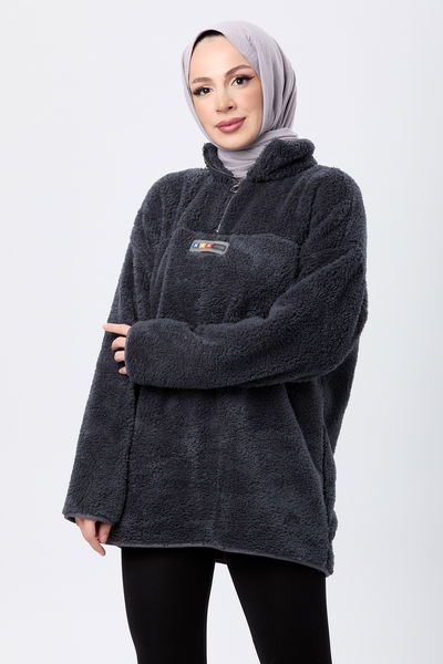 13083-ANTRASIT Yarım Fermuarlı Peluş Sweatshirt 