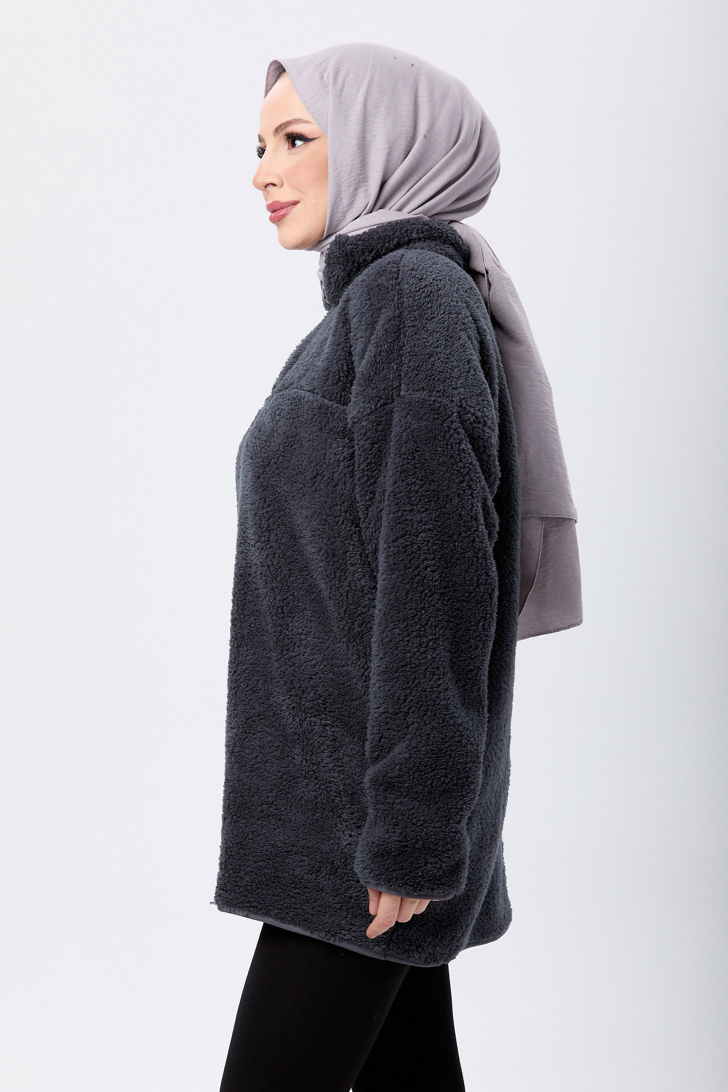 13083-ANTRASIT Yarım Fermuarlı Peluş Sweatshirt - 3
