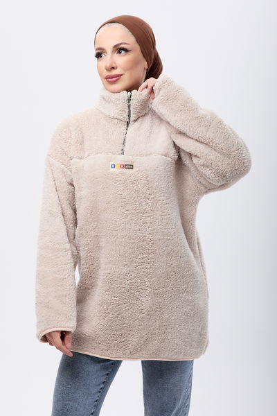 13083-BEJ Yarım Fermuarlı Peluş Sweatshirt 