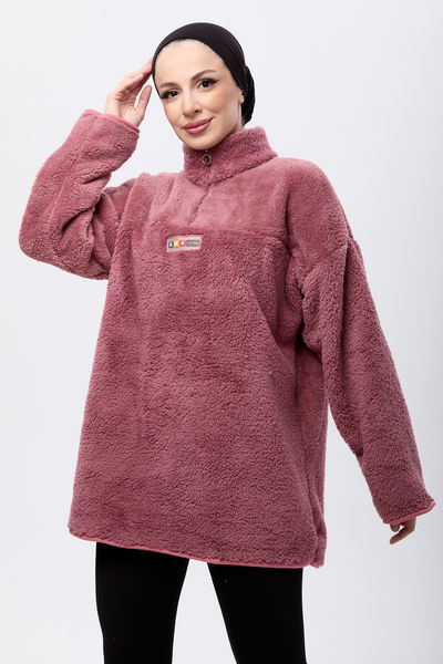 13083-GUL-KURUSU Yarım Fermuarlı Peluş Sweatshirt 