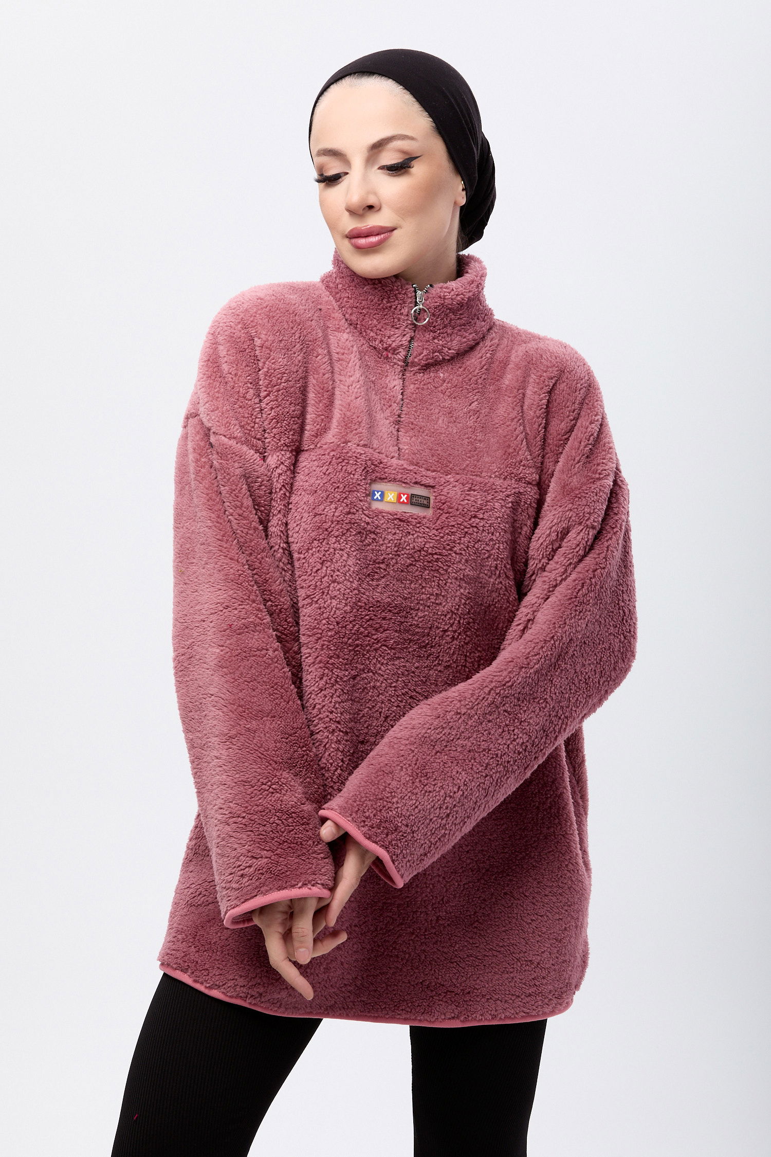 13083-GUL-KURUSU Yarım Fermuarlı Peluş Sweatshirt - 2