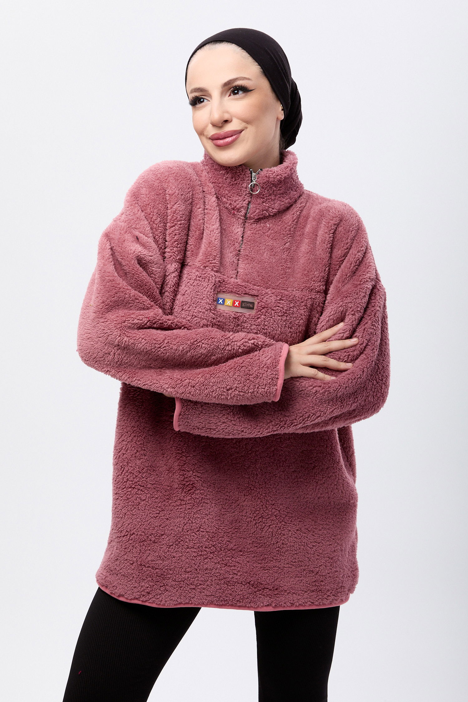 13083-GUL-KURUSU Yarım Fermuarlı Peluş Sweatshirt - 4