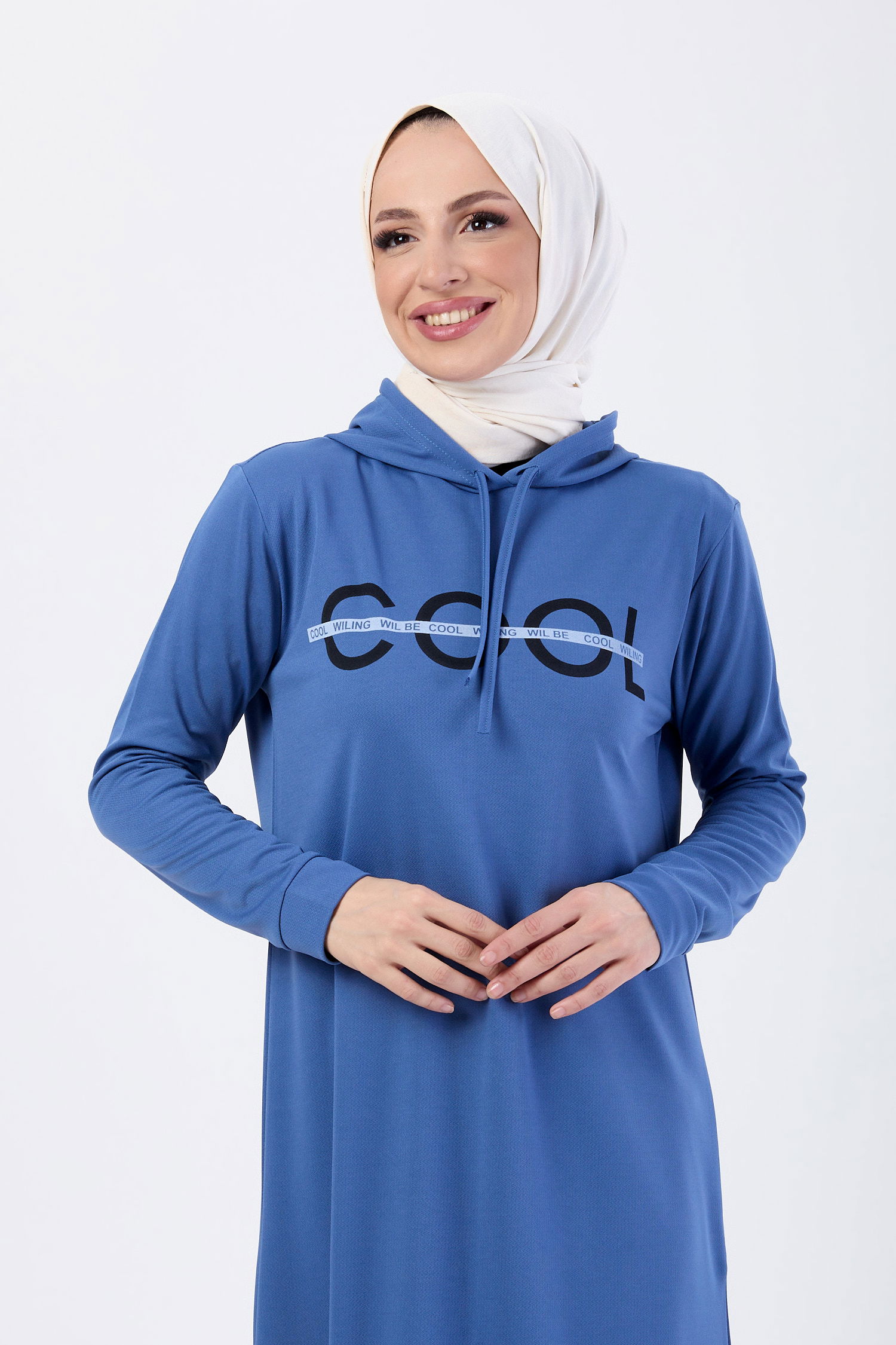13089-INDIGO Baskılı Kapüşonlu Spor Tesettür Elbise - 2