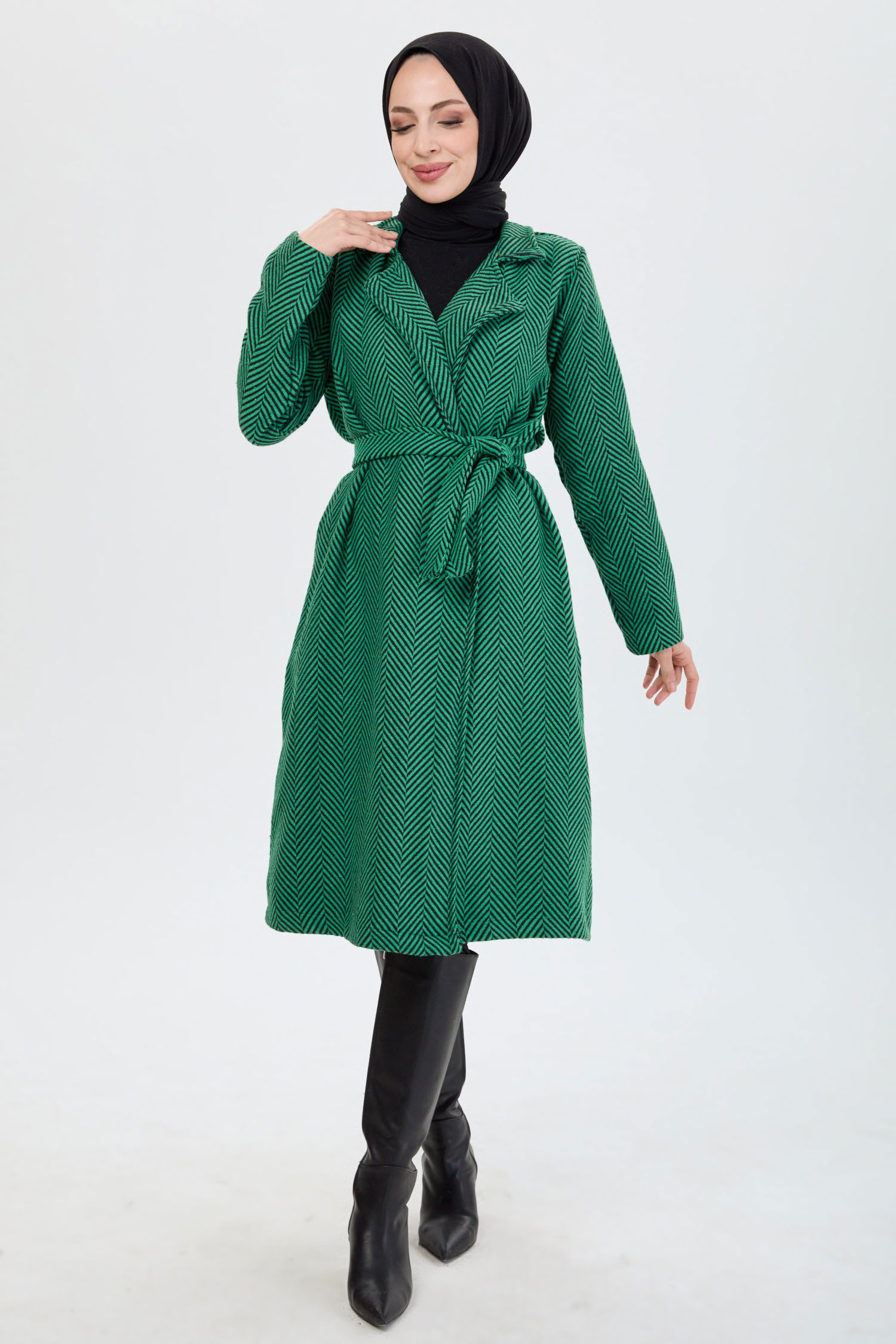 Kadın Kruvaze Yaka Balıksırtı Desenli Kuşak Bağlamalı Kaban Yesil - 13091 - 2