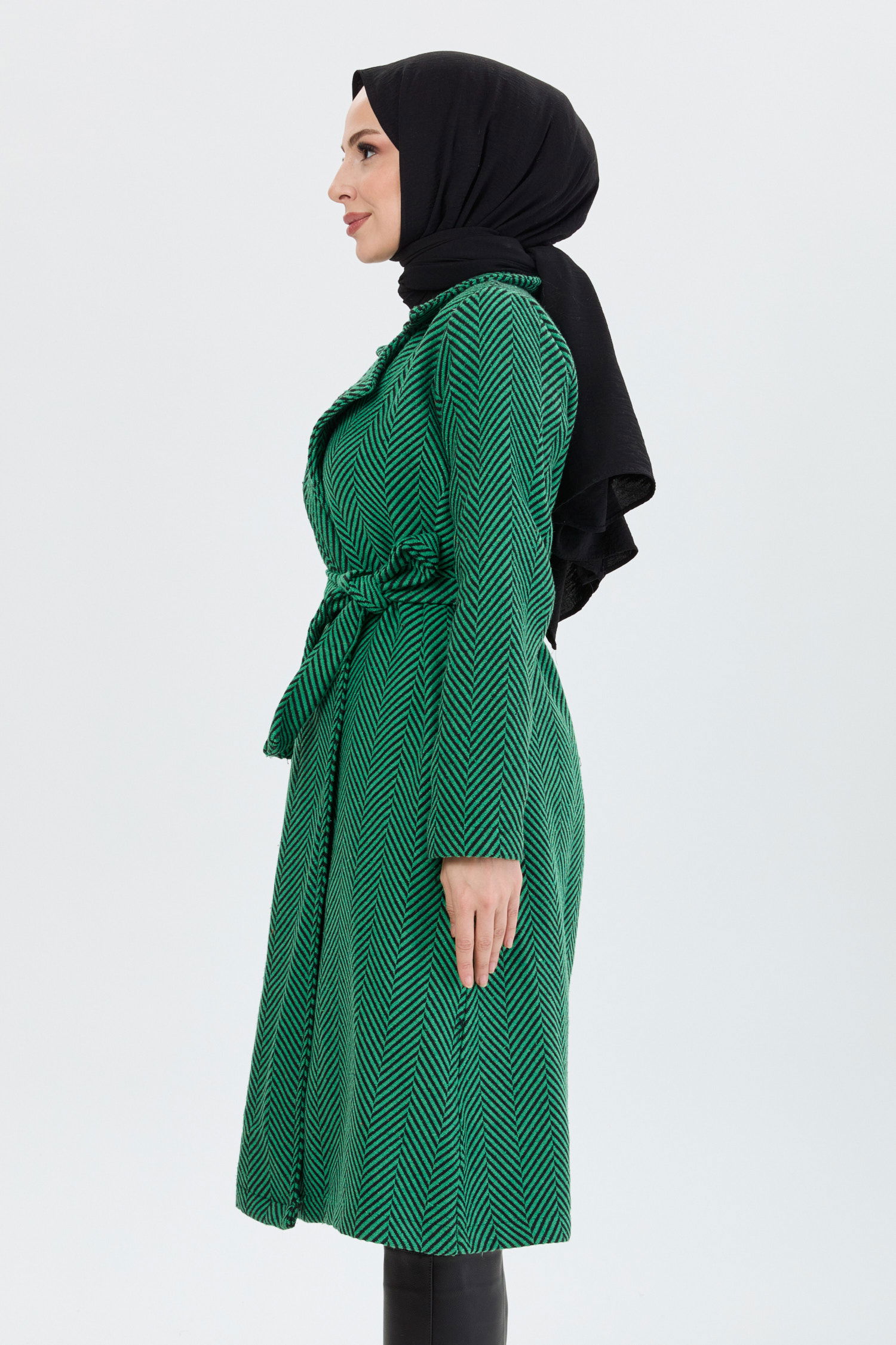 Kadın Kruvaze Yaka Balıksırtı Desenli Kuşak Bağlamalı Kaban Yesil - 13091 - 3