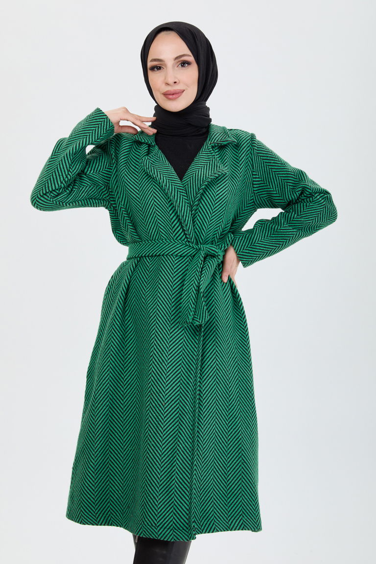 Kadın Kruvaze Yaka Balıksırtı Desenli Kuşak Bağlamalı Kaban Yesil - 13091 - TOFİSA