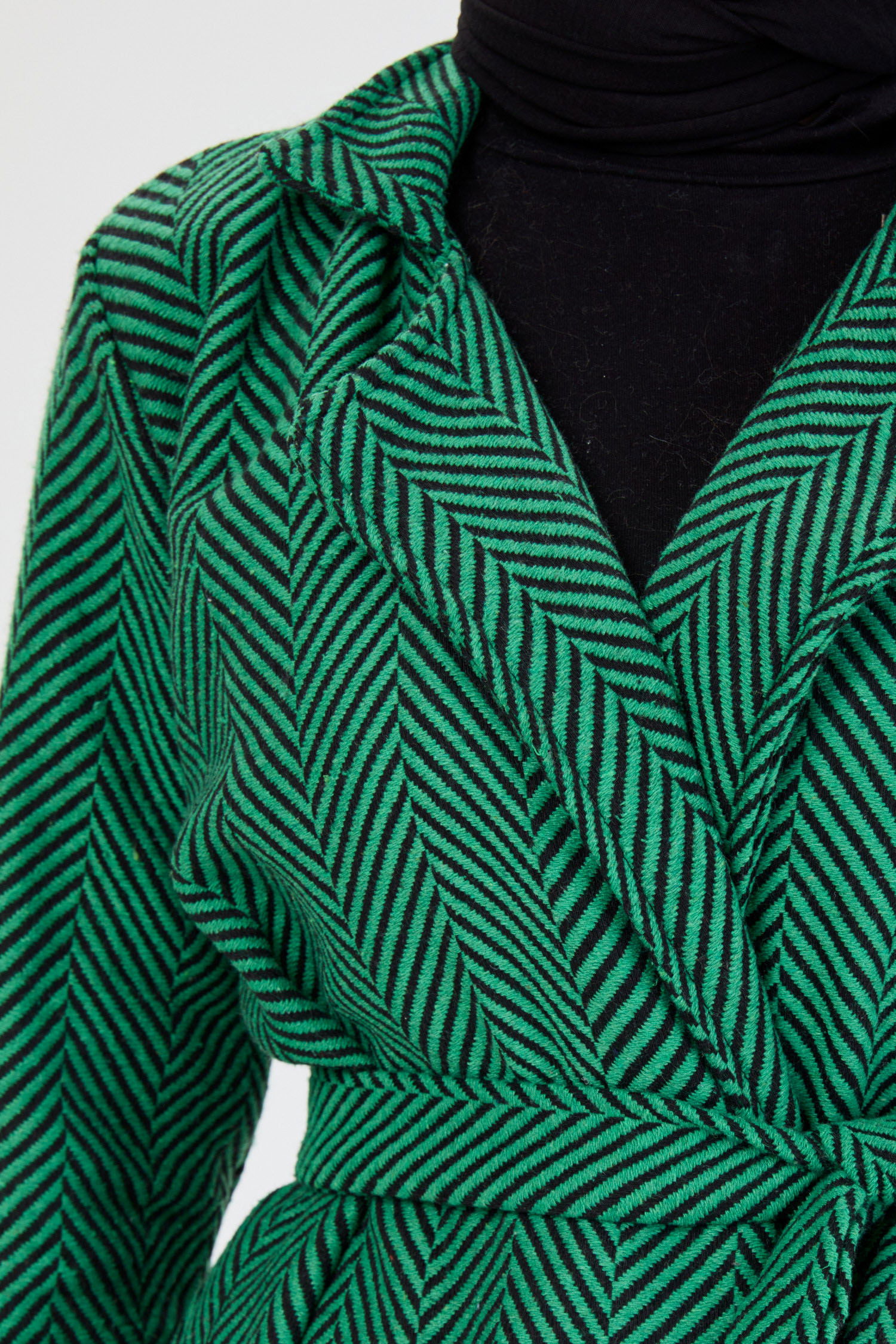 Kadın Kruvaze Yaka Balıksırtı Desenli Kuşak Bağlamalı Kaban Yesil - 13091 - 5