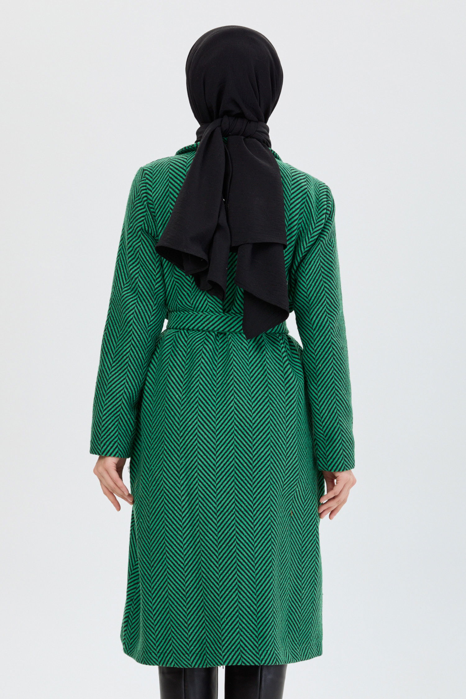 Kadın Kruvaze Yaka Balıksırtı Desenli Kuşak Bağlamalı Kaban Yesil - 13091 - 6