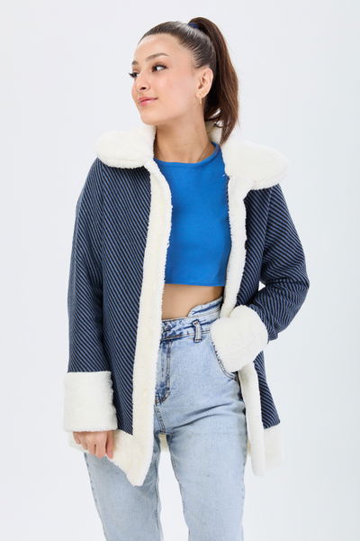 13095-INDIGO Peluşlu Ceket 