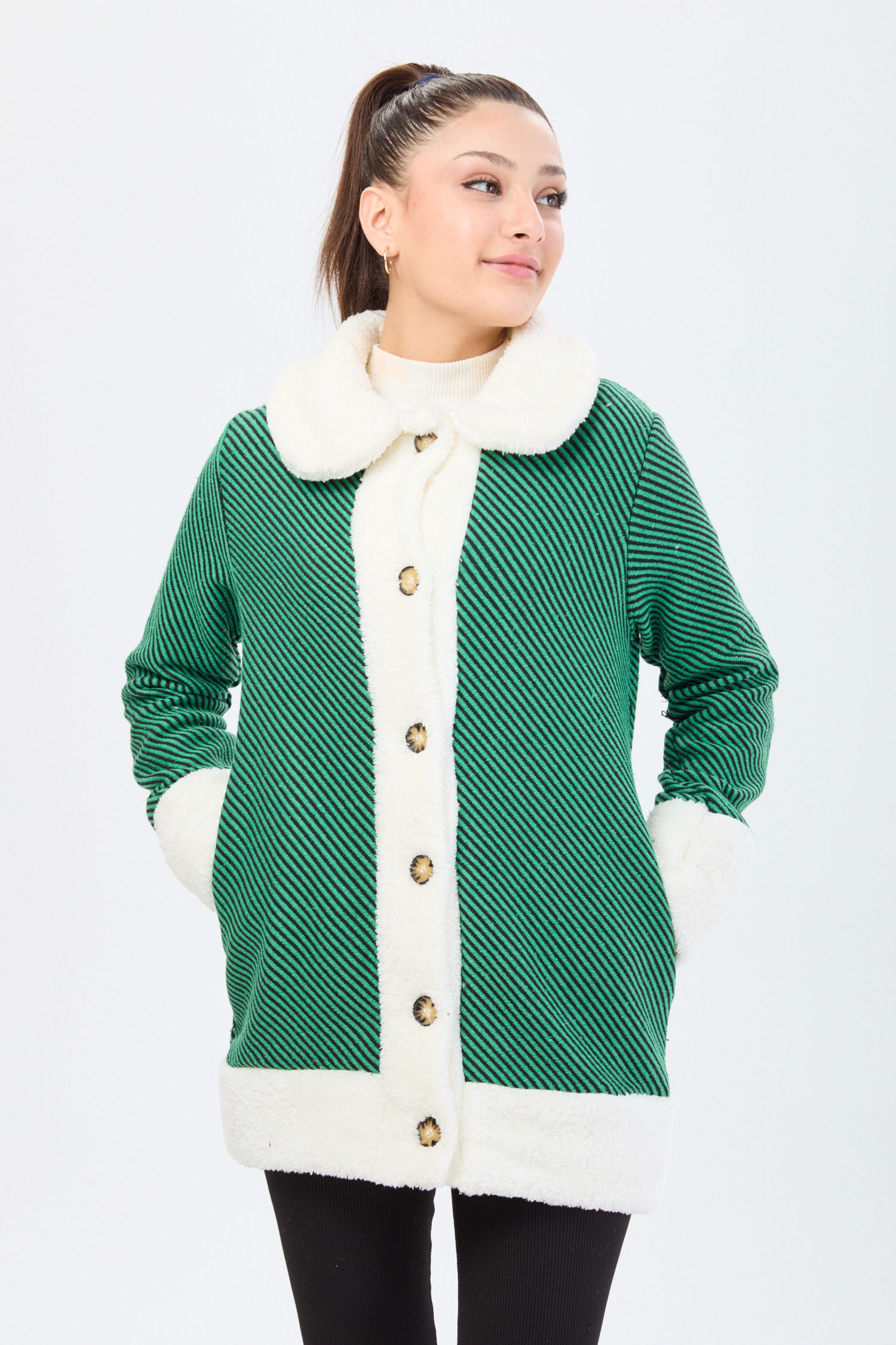 13095-YESIL Peluşlu Ceket - 2