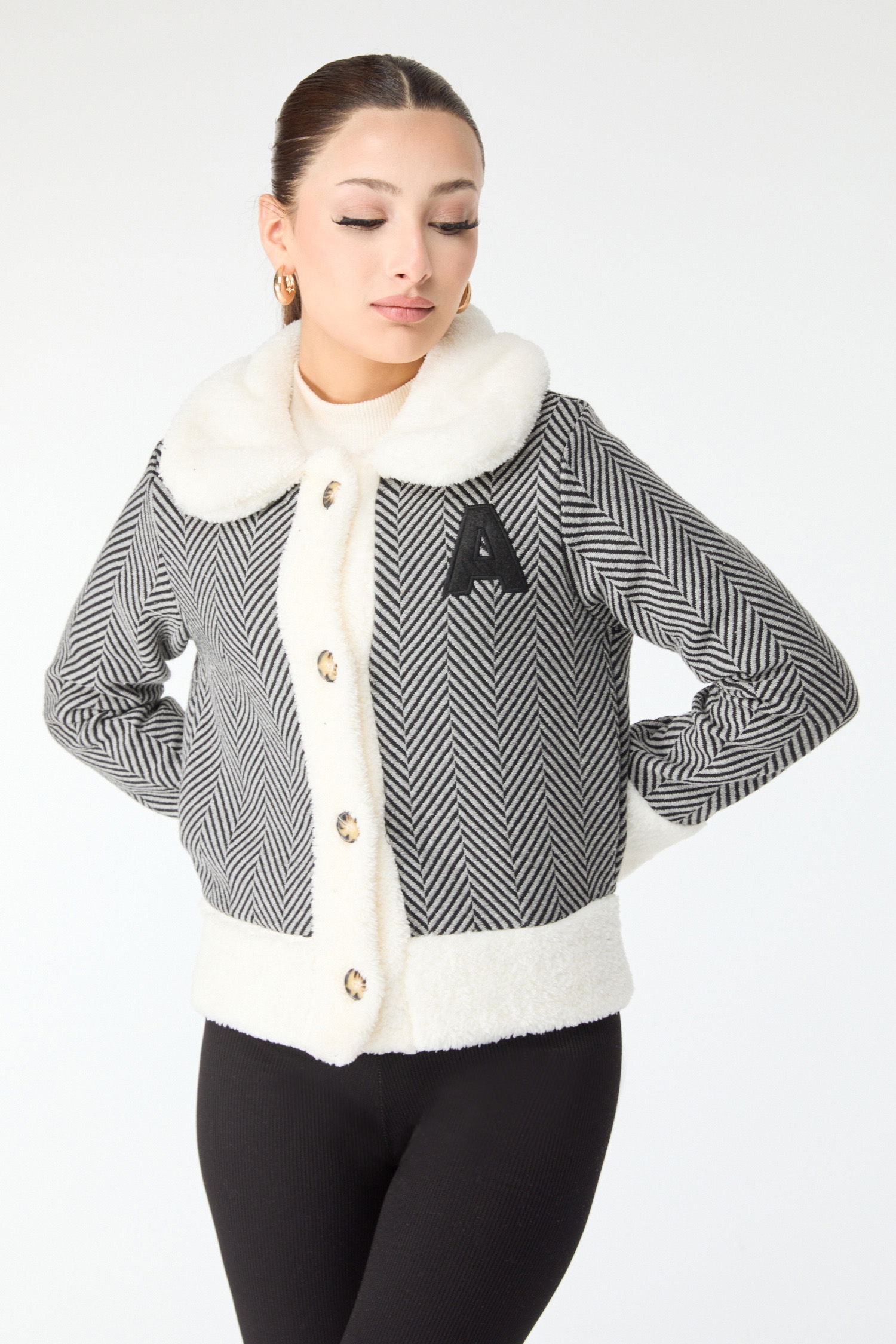 Baskılı Peluş Ceket Gri - 13096 - 1