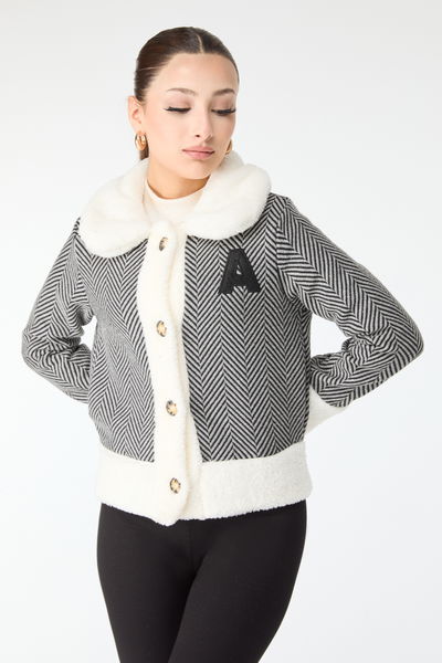 Baskılı Peluş Ceket Gri - 13096 