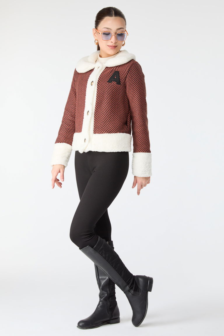 Baskılı Peluş Ceket Kiremit - 13096 - TOFİSA