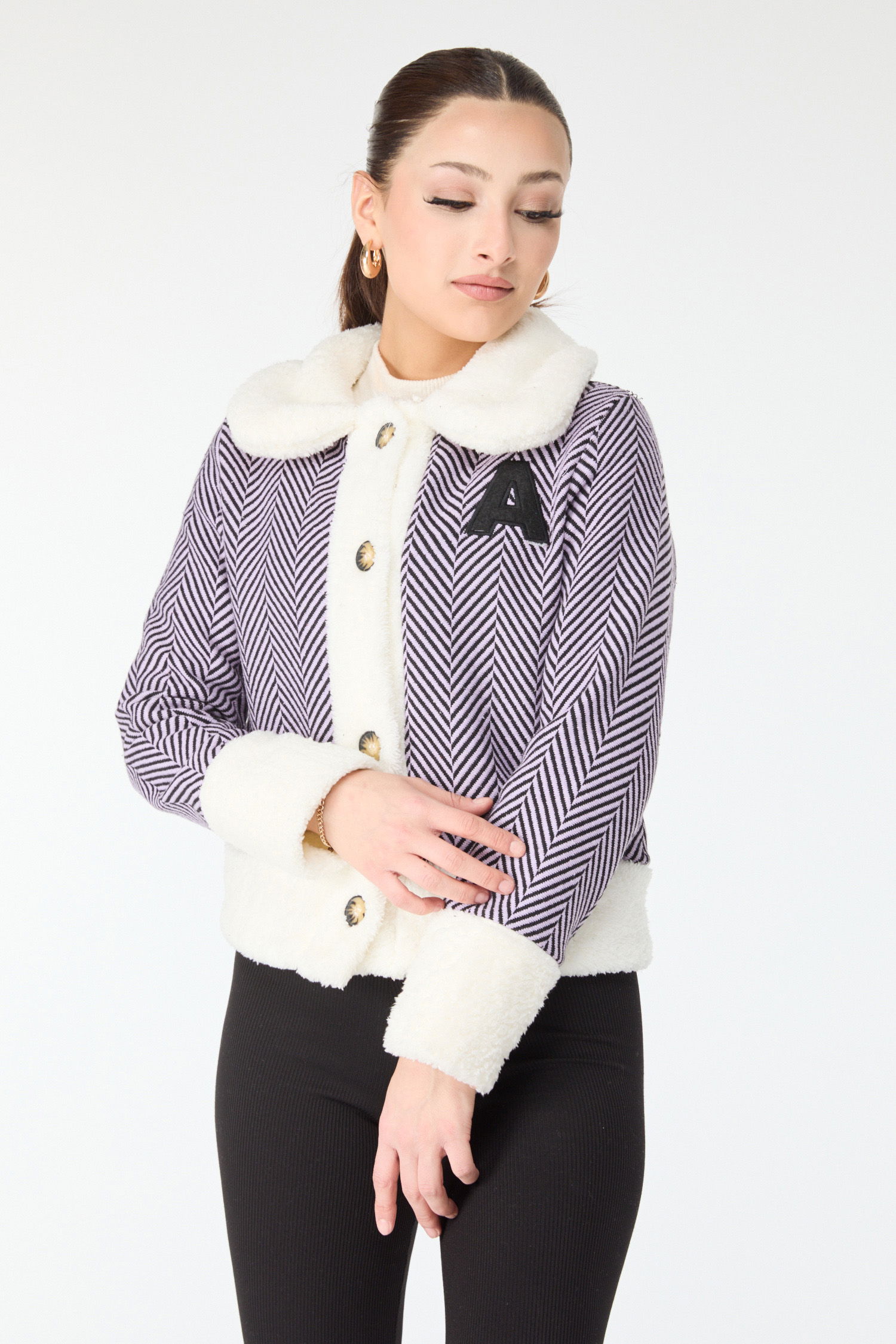 Baskılı Peluş Ceket Lila - 13096 - 1