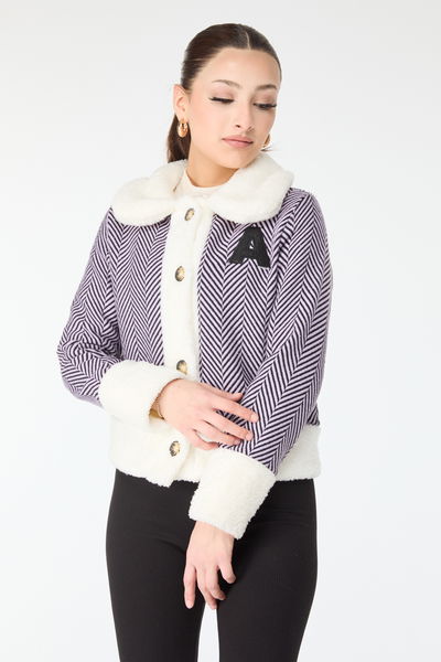 Baskılı Peluş Ceket Lila - 13096 