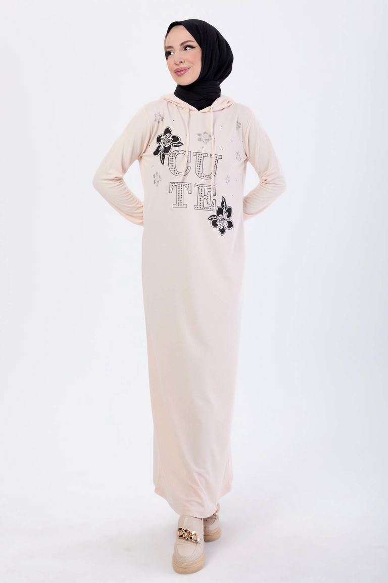13099-BEJ Baskılı Kapüşonlu Spor Elbise - TOFİSA