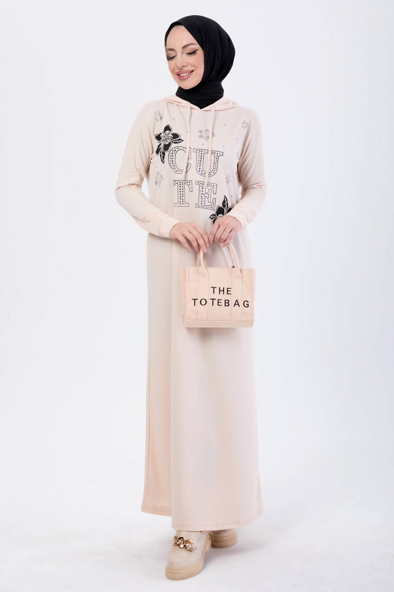 13099-BEJ Baskılı Kapüşonlu Spor Elbise - TOFİSA