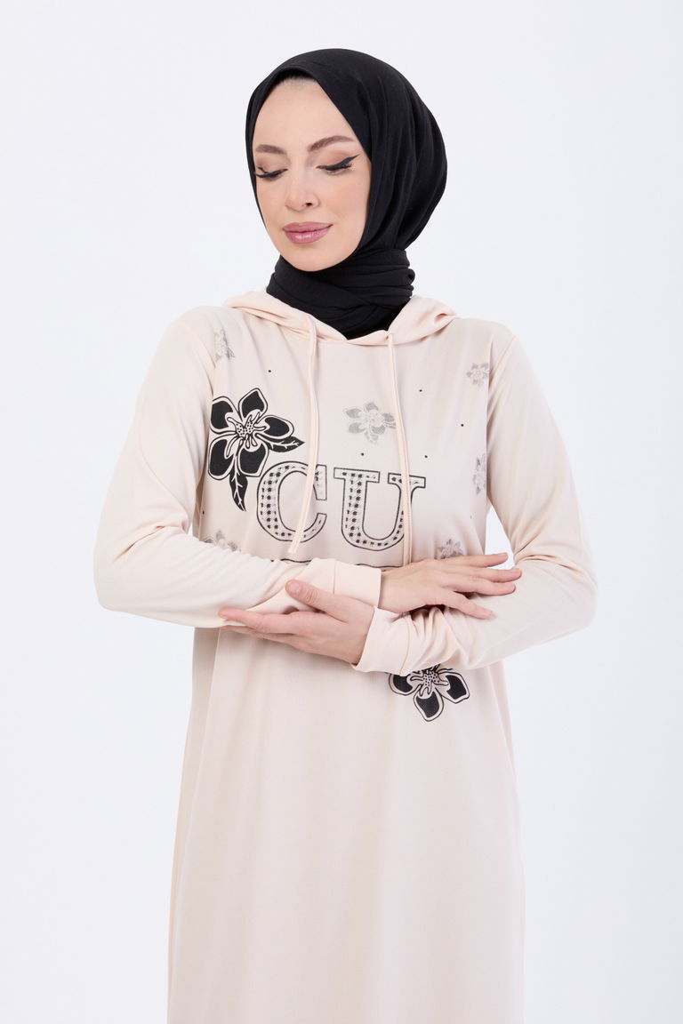 13099-BEJ Baskılı Kapüşonlu Spor Elbise - TOFİSA
