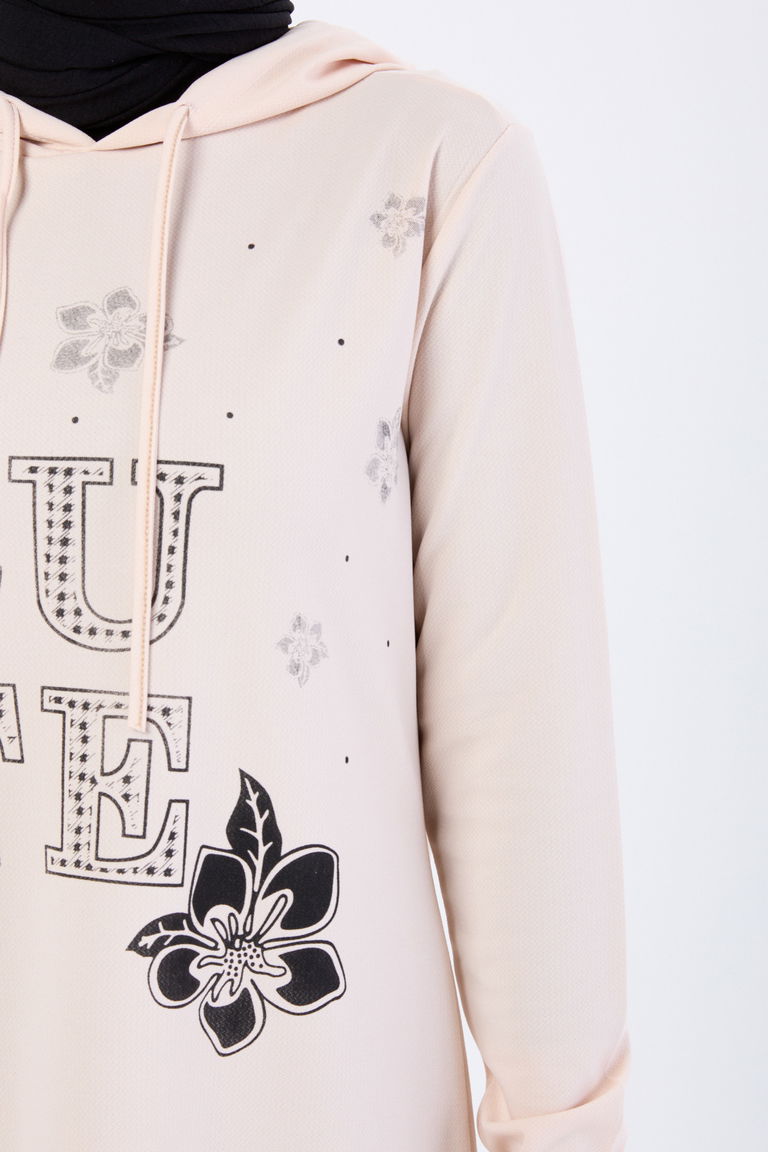 13099-BEJ Baskılı Kapüşonlu Spor Elbise - TOFİSA