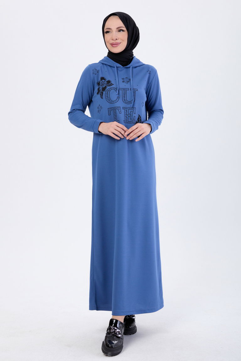 13099-INDIGO Baskılı Kapüşonlu Spor Elbise - TOFİSA