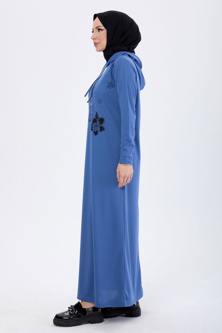 13099-INDIGO Baskılı Kapüşonlu Spor Elbise - TOFİSA