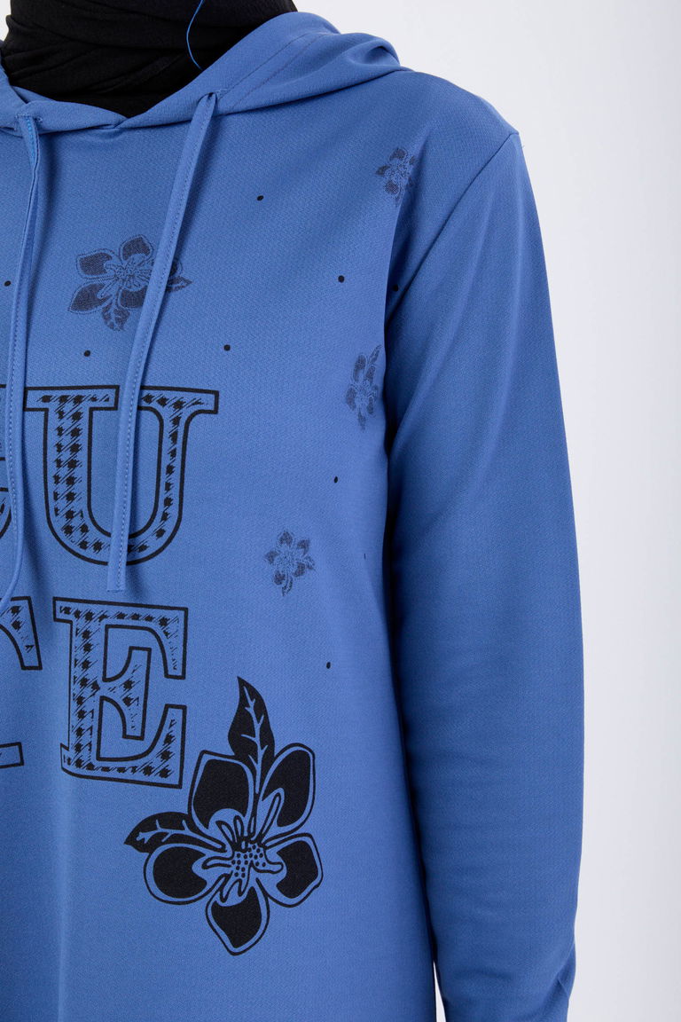 13099-INDIGO Baskılı Kapüşonlu Spor Elbise - TOFİSA