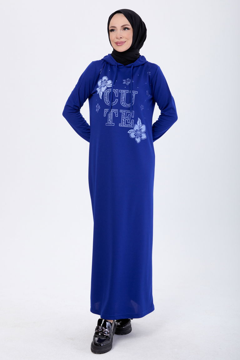 13099-SAKS Baskılı Kapüşonlu Spor Elbise - TOFİSA