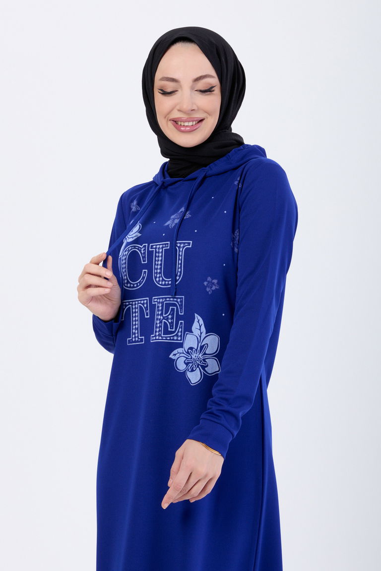 13099-SAKS Baskılı Kapüşonlu Spor Elbise - TOFİSA