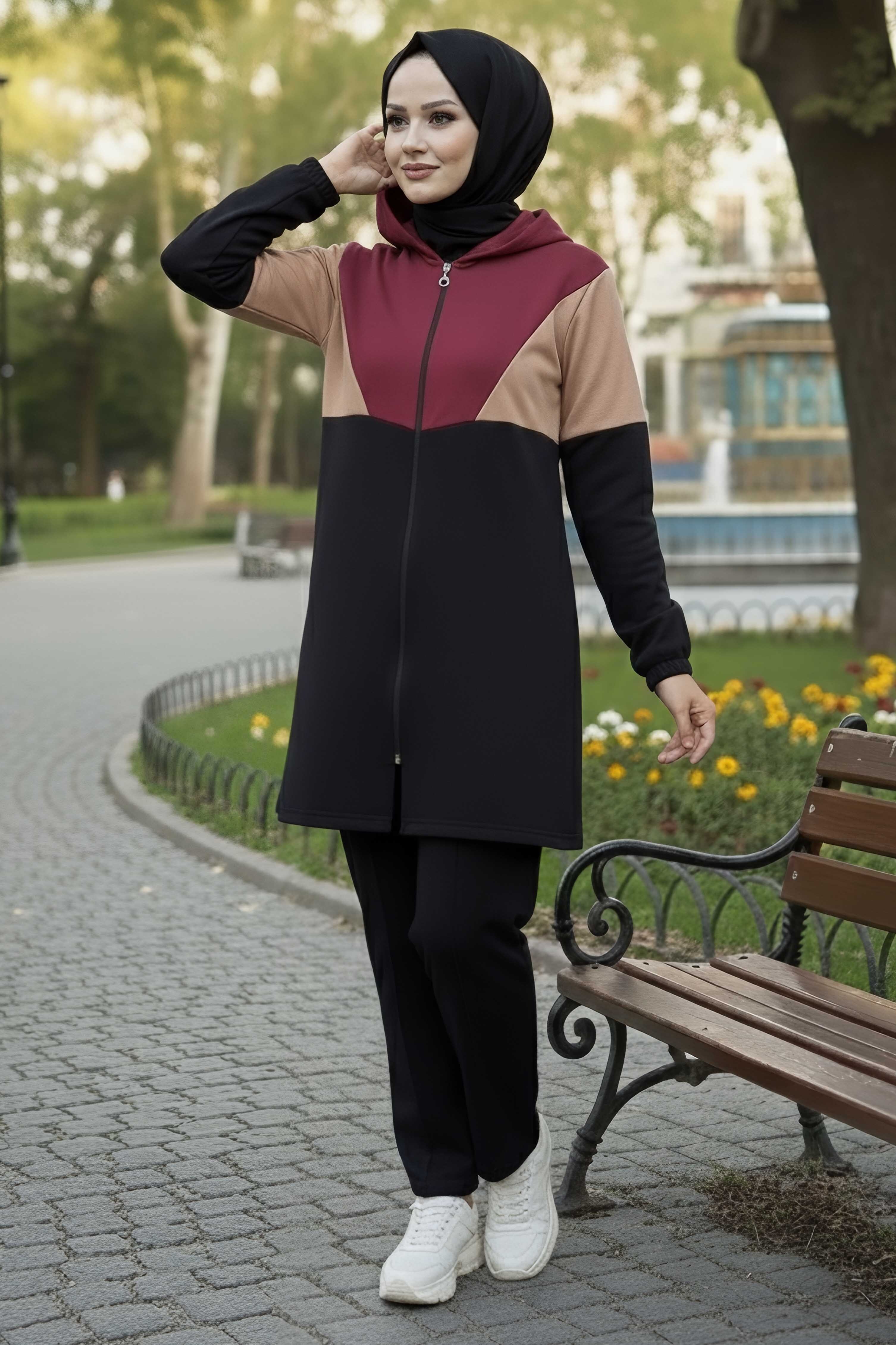 Kapşonlu Tunik Pantolon Bordo - 13107 - 1