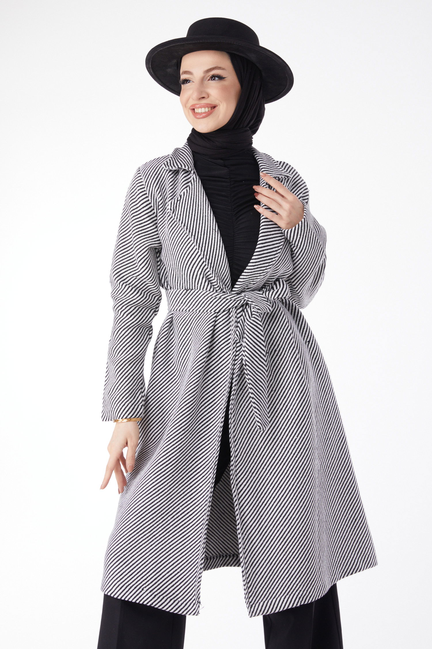 Kuşaklı Kaşe Kaban Siyah Beyaz - 13115 - 3