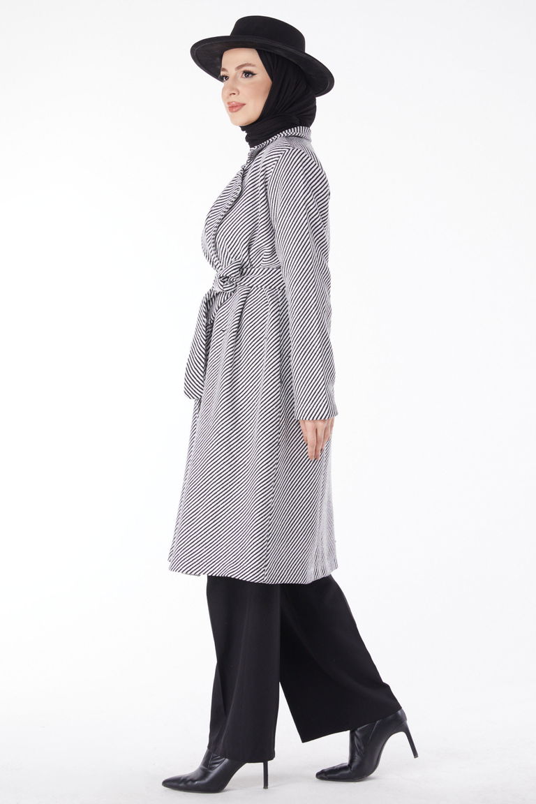 Kuşaklı Kaşe Kaban Siyah Beyaz - 13115 - TOFİSA