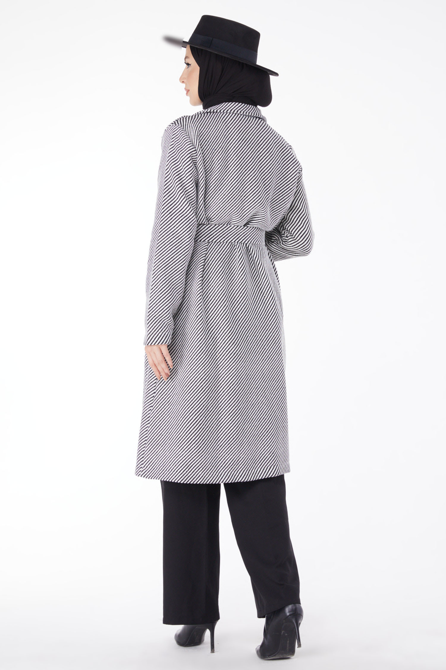 Kuşaklı Kaşe Kaban Siyah Beyaz - 13115 - 6