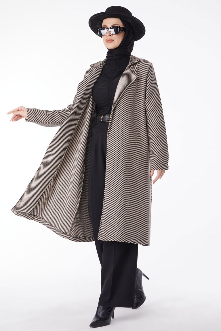 13115-VIZON Kuşaklı Kaşe Kaban - TOFİSA